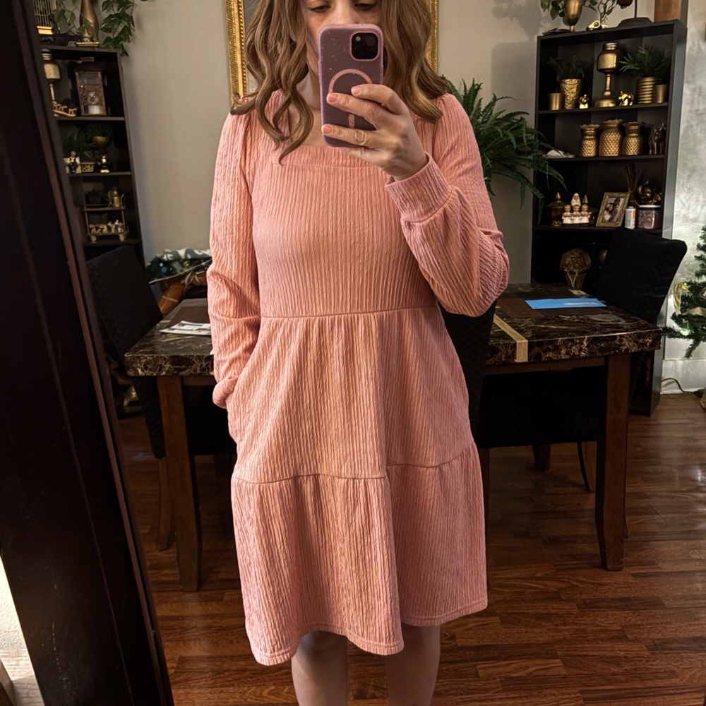 Women's Pink Long-Sleeve Tiered Corduroy Dress
